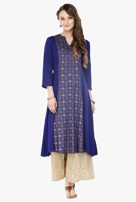 Varanga Blue & Beige Printed Cotton Kurta With Palazzo Varanga Blue & Beige Printed Cotton Kurta With Palazzo