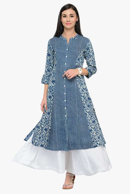 Varanga Blue & White Printed Rayon Kurta With Palazzo Varanga Blue & White Printed Rayon Kurta With Palazzo