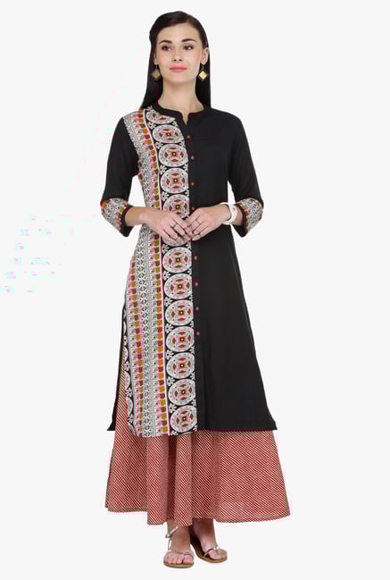Varanga Black & Red Printed Rayon Kurta With Palazzo Varanga Black & Red Printed Rayon Kurta With Palazzo