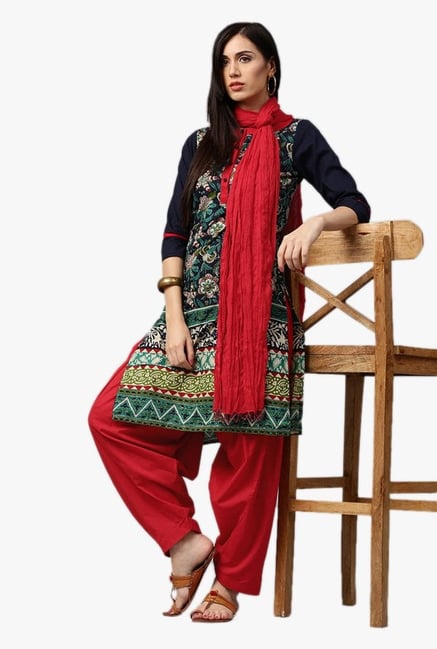 Jaipur Kurti Navy & Red Floral Print Kurta With Patiala Jaipur Kurti Navy & Red Floral Print Kurta With Patiala