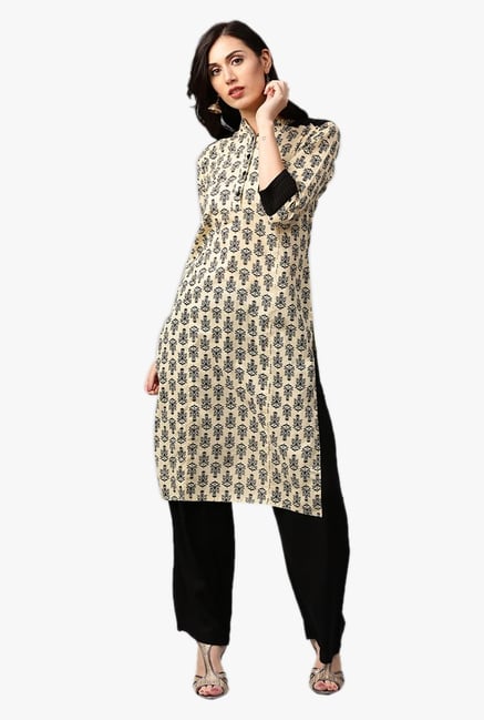 Jaipur Kurti Beige & Black Kurta With Palazzo Jaipur Kurti Beige & Black Kurta With Palazzo