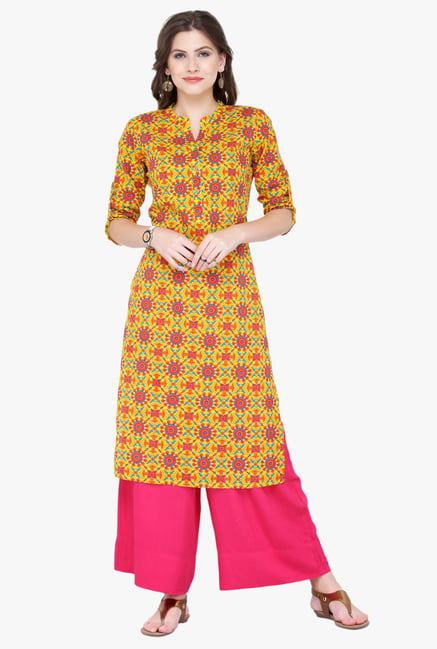 Varanga Yellow & Pink Printed Rayon Kurta With Palazzo Varanga Yellow & Pink Printed Rayon Kurta With Palazzo