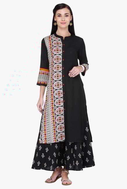 Varanga Black Printed Cotton Kurta With Palazzo Varanga Black Printed Cotton Kurta With Palazzo