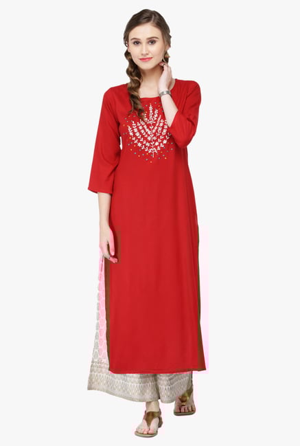Varanga Red & White Embroidered Cotton Kurta With Palazzo Varanga Red & White Embroidered Cotton Kurta With Palazzo
