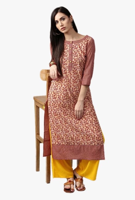 Jaipur Kurti Red & Yellow Printed Kurta With Palazzo Jaipur Kurti Red & Yellow Printed Kurta With Palazzo