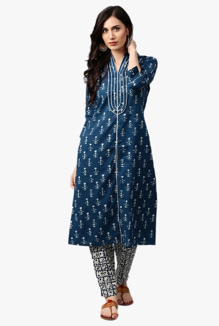 Jaipur Kurti Blue Floral Print Suit Set Jaipur Kurti Blue Floral Print Suit Set