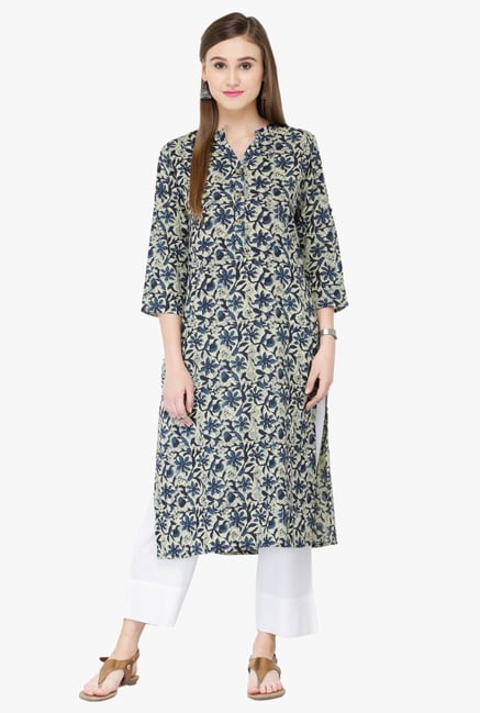 Varanga Blue & White Printed Rayon Kurta With Palazzo Varanga Blue & White Printed Rayon Kurta With Palazzo