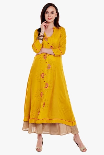 Varanga Mustard & Beige Embroidered Kurta With Palazzo Varanga Mustard & Beige Embroidered Kurta With Palazzo