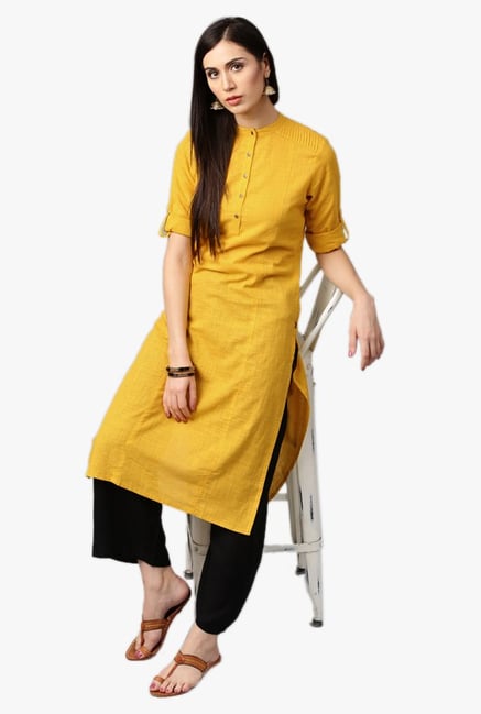 Jaipur Kurti Yellow & Black Textured Kurta With Palazzo Jaipur Kurti Yellow & Black Textured Kurta With Palazzo