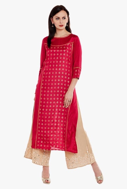 Varanga Pink & Beige Printed Kurta With Palazzo Varanga Pink & Beige Printed Kurta With Palazzo