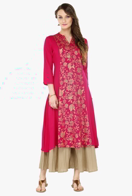 Varanga Pink & Beige Printed Cotton Kurta With Palazzo Varanga Pink & Beige Printed Cotton Kurta With Palazzo