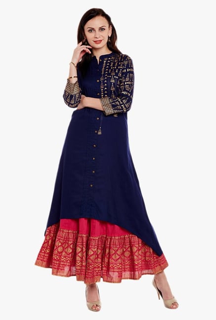 Varanga Blue & Pink Printed Kurta With Skirt Varanga Blue & Pink Printed Kurta With Skirt