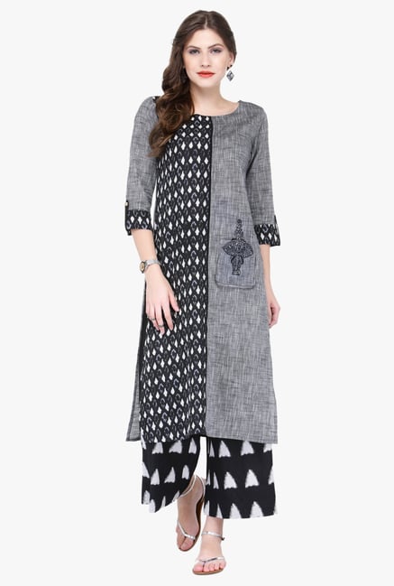 Varanga Grey & Black Embroidered Rayon Kurta With Palazzo Varanga Grey & Black Embroidered Rayon Kurta With Palazzo