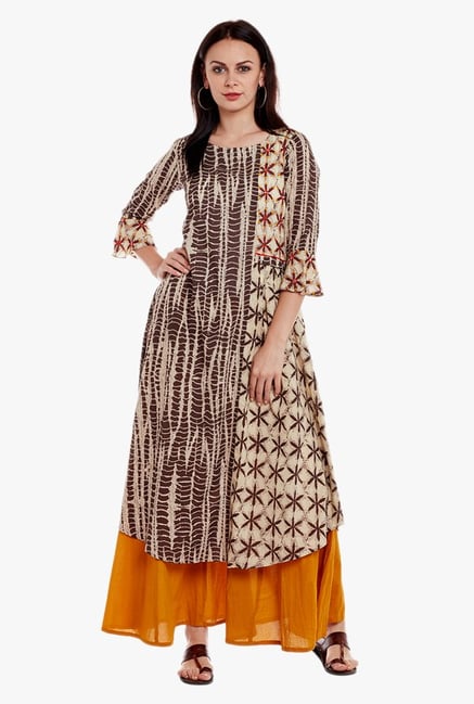 Varanga Brown & Mustard Printed Cotton Kurta With Palazzo Varanga Brown & Mustard Printed Cotton Kurta With Palazzo