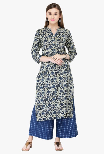 Varanga Blue Printed Rayon Kurta With Palazzo Varanga Blue Printed Rayon Kurta With Palazzo
