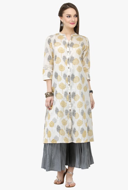 Varanga White & Grey Printed Cotton Kurta With Palazzo Varanga White & Grey Printed Cotton Kurta With Palazzo