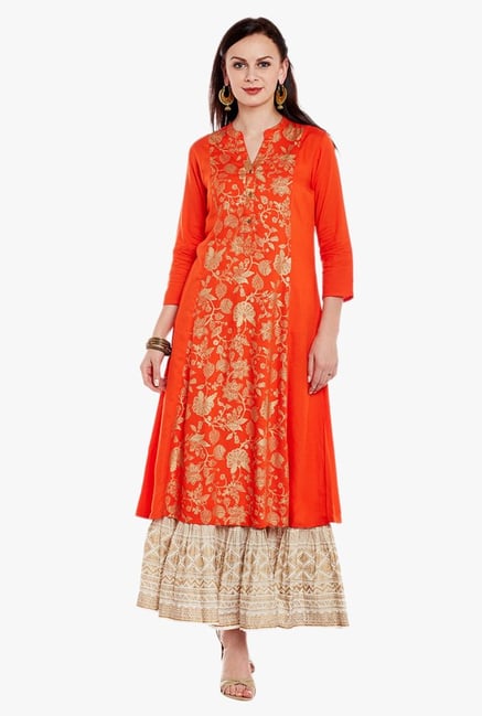 Varanga Orange & Ivory Printed Kurta With Skirt Varanga Orange & Ivory Printed Kurta With Skirt