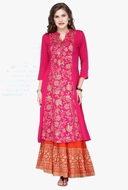 Varanga Pink & Orange Printed Cotton Kurta With Palazzo Varanga Pink & Orange Printed Cotton Kurta With Palazzo
