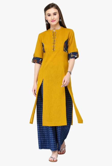 Varanga Mustard & Blue Rayon Kurta With Palazzo Varanga Mustard & Blue Rayon Kurta With Palazzo