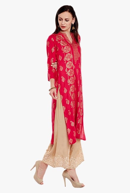 Varanga Pink & Beige Printed Kurta With Palazzo Varanga Pink & Beige Printed Kurta With Palazzo