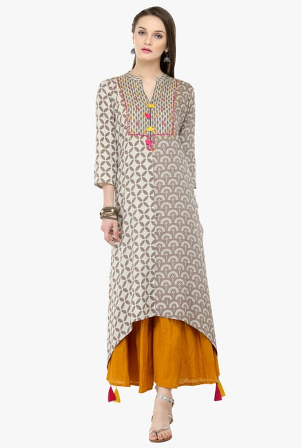 Varanga Grey & Orange Embroidered Rayon Kurta With Palazzo Varanga Grey & Orange Embroidered Rayon Kurta With Palazzo