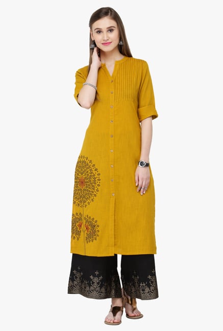 Varanga Mustard Embroidered Cotton Kurta Varanga Mustard Embroidered Cotton Kurta