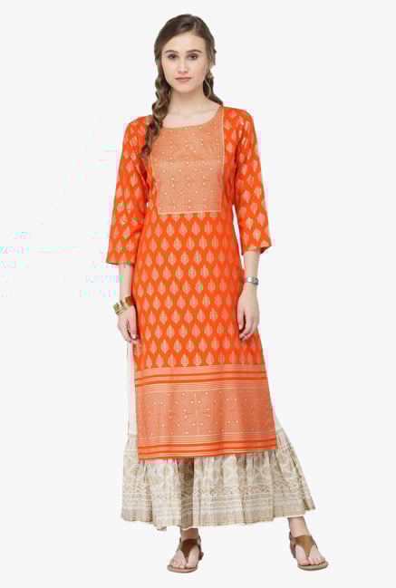 Varanga Orange & White Printed Cotton Kurta With Palazzo Varanga Orange & White Printed Cotton Kurta With Palazzo