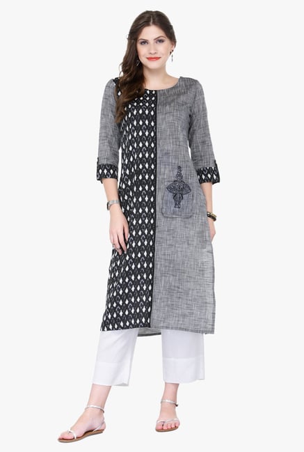 Varanga Grey & White Embroidered Cotton Kurta With Palazzo Varanga Grey & White Embroidered Cotton Kurta With Palazzo