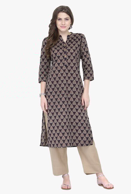 Varanga Black & Beige Printed Cotton Kurta With Palazzo Varanga Black & Beige Printed Cotton Kurta With Palazzo