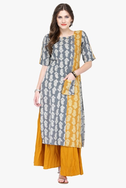 Varanga Grey Printed Cotton Kurta Varanga Grey Printed Cotton Kurta