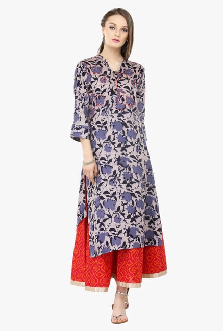 Varanga Beige & Pink Printed Rayon Kurta With Palazzo Varanga Beige & Pink Printed Rayon Kurta With Palazzo