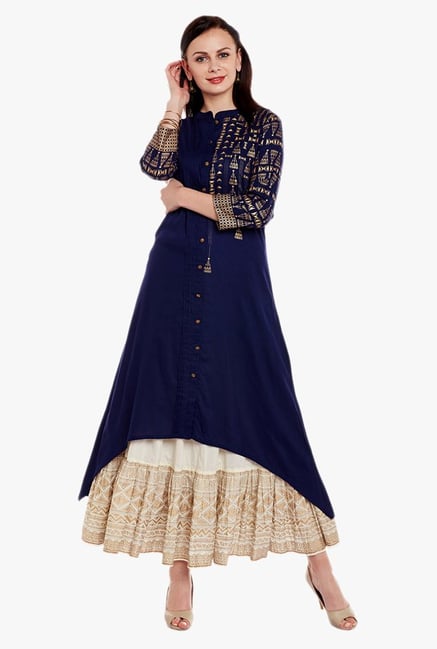 Varanga Blue & Ivory Printed Kurta With Skirt Varanga Blue & Ivory Printed Kurta With Skirt