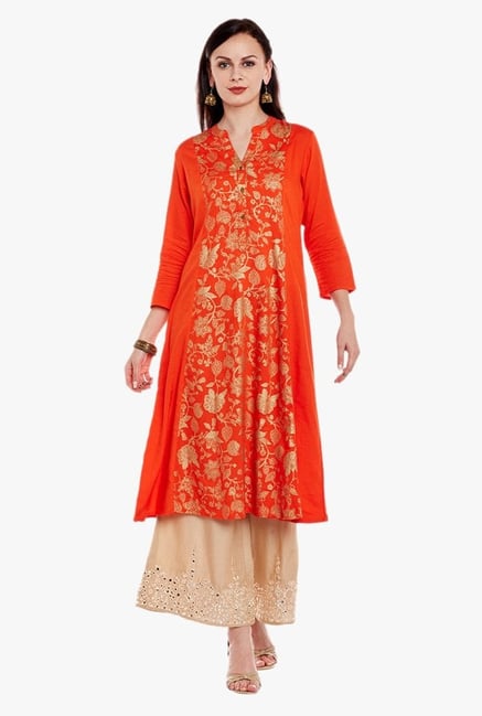 Varanga Orange & Beige Printed Kurta With Palazzo Varanga Orange & Beige Printed Kurta With Palazzo