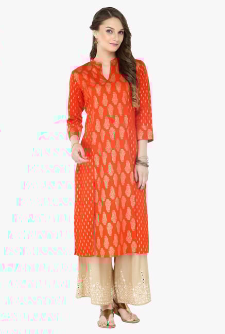 Varanga Orange & Beige Printed Cotton Kurta With Palazzo Varanga Orange & Beige Printed Cotton Kurta With Palazzo