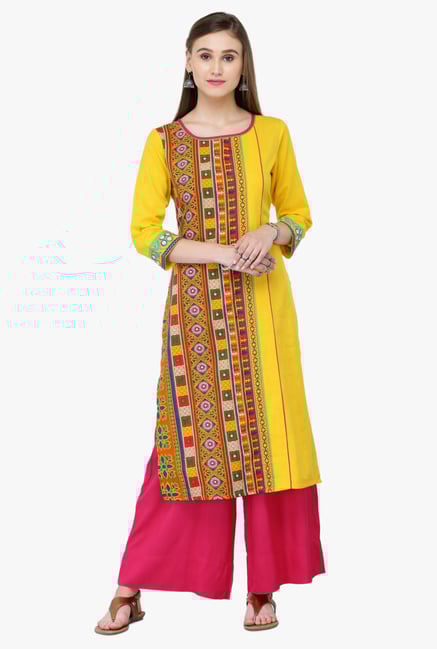 Varanga Yellow & Pink Printed Rayon Kurta With Palazzo Varanga Yellow & Pink Printed Rayon Kurta With Palazzo