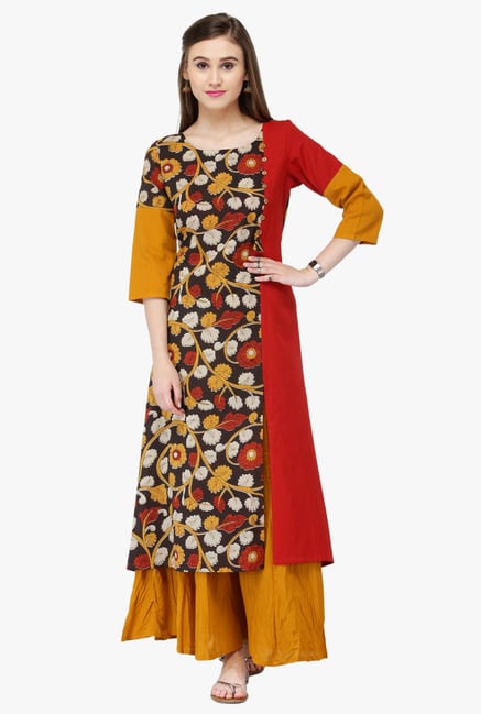 Varanga Black & Mustard Rayon Kurta With Palazzo Varanga Black & Mustard Rayon Kurta With Palazzo