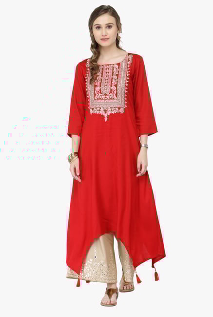 Varanga Red & Beige Embroidered Rayon Kurta With Palazzo Varanga Red & Beige Embroidered Rayon Kurta With Palazzo