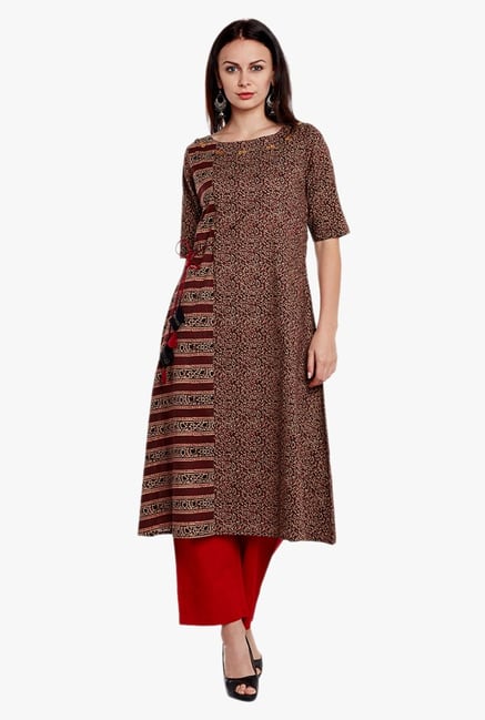 Varanga Brown Printed Cotton Kurta Varanga Brown Printed Cotton Kurta