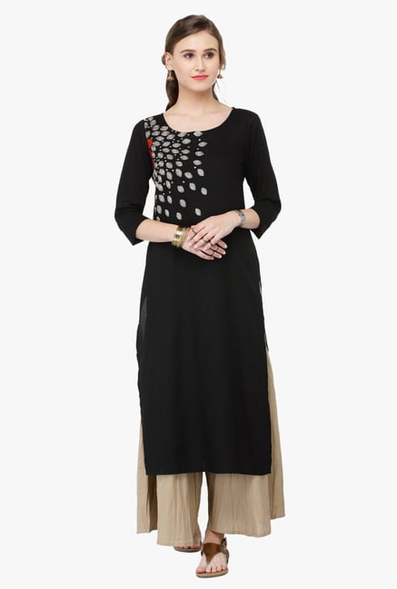 Varanga Black & Beige Embroidered Rayon Kurta With Palazzo Varanga Black & Beige Embroidered Rayon Kurta With Palazzo