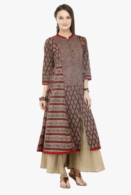 Varanga Brown & Beige Printed Cotton Kurta With Palazzo Varanga Brown & Beige Printed Cotton Kurta With Palazzo