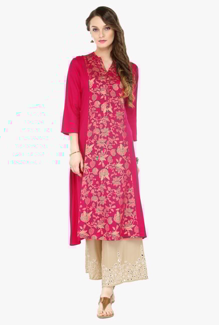 Varanga Pink & Beige Printed Cotton Kurta With Palazzo Varanga Pink & Beige Printed Cotton Kurta With Palazzo