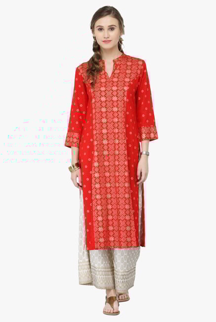 Varanga Red & White Printed Cotton Kurta With Palazzo Varanga Red & White Printed Cotton Kurta With Palazzo
