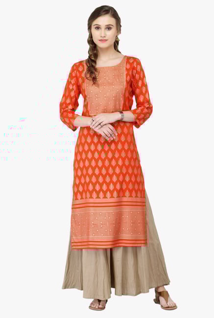 Varanga Orange Printed Rayon Kurta Varanga Orange Printed Rayon Kurta
