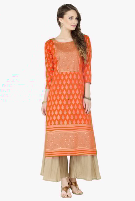 Varanga Orange & Beige Printed Cotton Kurta With Palazzo Varanga Orange & Beige Printed Cotton Kurta With Palazzo