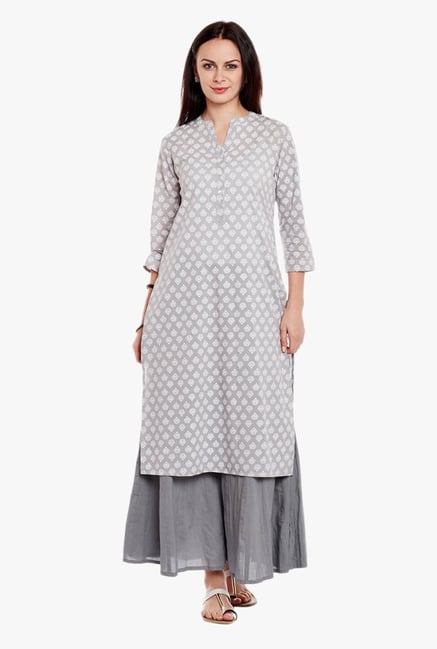 Varanga Grey Printed Cotton Kurta With Palazzo Varanga Grey Printed Cotton Kurta With Palazzo
