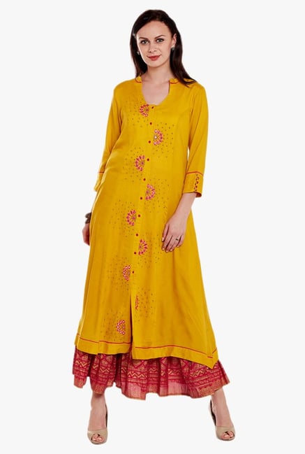 Varanga Mustard & Pink Embroidered Kurta With Skirt Varanga Mustard & Pink Embroidered Kurta With Skirt