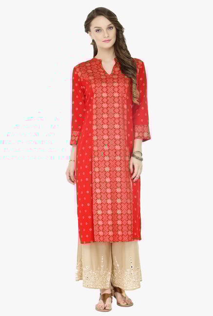 Varanga Red & Beige Printed Cotton Kurta With Palazzo Varanga Red & Beige Printed Cotton Kurta With Palazzo