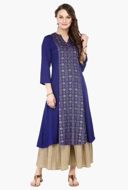 Varanga Blue & Beige Printed Rayon Kurta With Palazzo Varanga Blue & Beige Printed Rayon Kurta With Palazzo