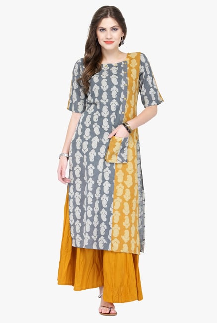 Varanga Grey & Orange Printed Rayon Kurta With Palazzo Varanga Grey & Orange Printed Rayon Kurta With Palazzo