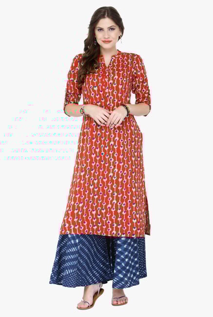 Varanga Red & Blue Printed Cotton Kurta With Palazzo Varanga Red & Blue Printed Cotton Kurta With Palazzo